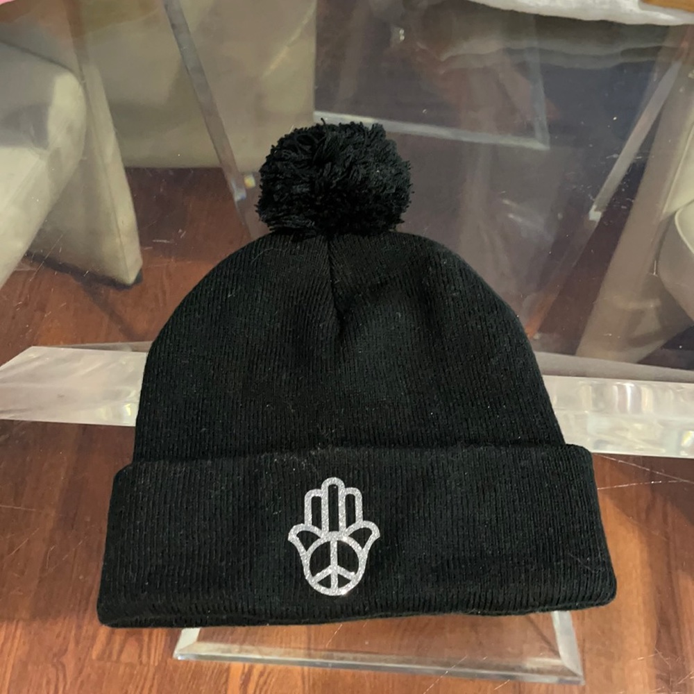 Peace Hand of God Silver design with black Pom Pom hat